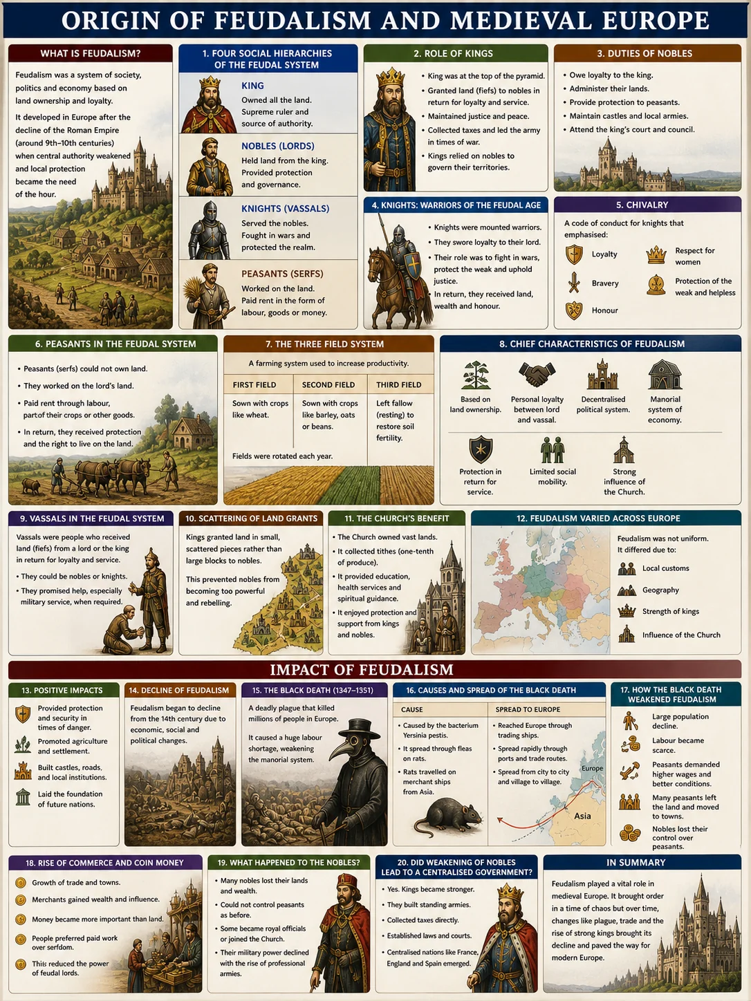 Feudal system hierarchy kings nobles knights peasants medieval Europe Class 7