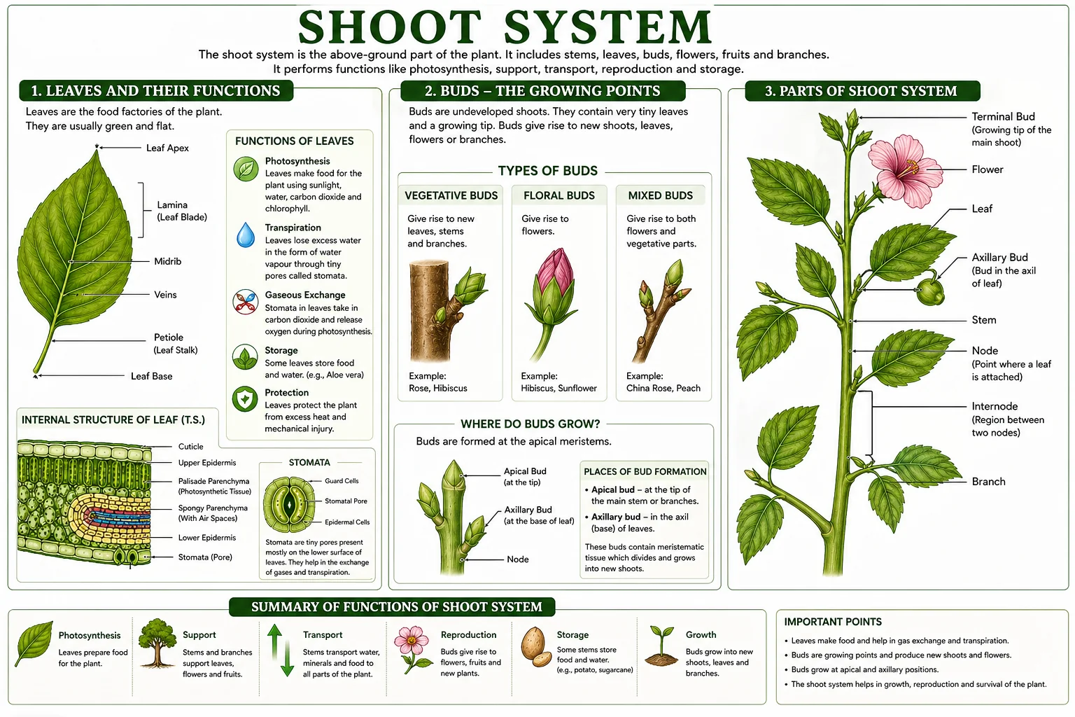 Shoot system leaves buds stem parts functions Class 7 science