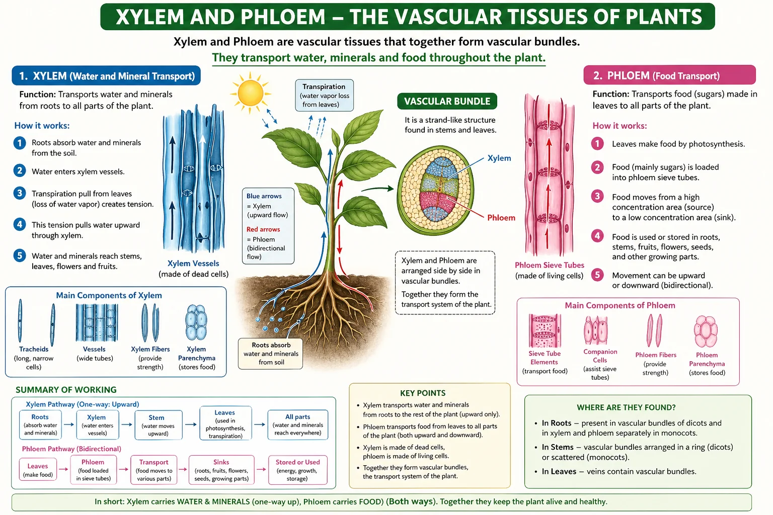Xylem phloem vascular tissues transport system Class 7 science FBISE