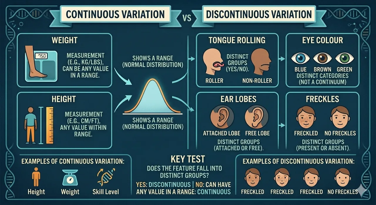 Continuous vs discontinuous variation weight height tongue rolling eye colour class 8