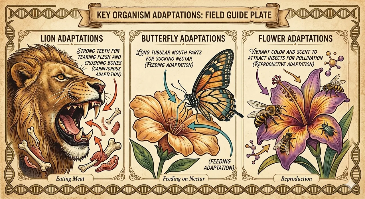 Lion butterfly flower adaptations field guide class 8 science