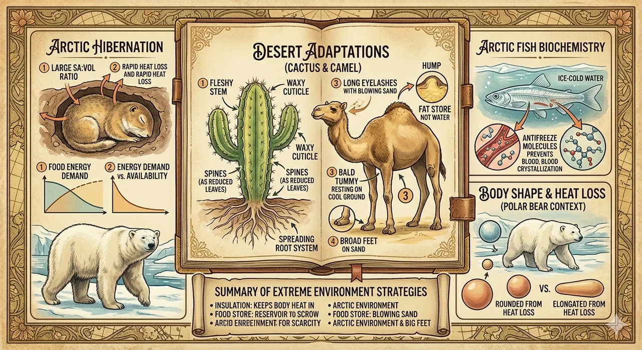 Desert adaptations cactus camel arctic hibernation fish antifreeze class 8 science